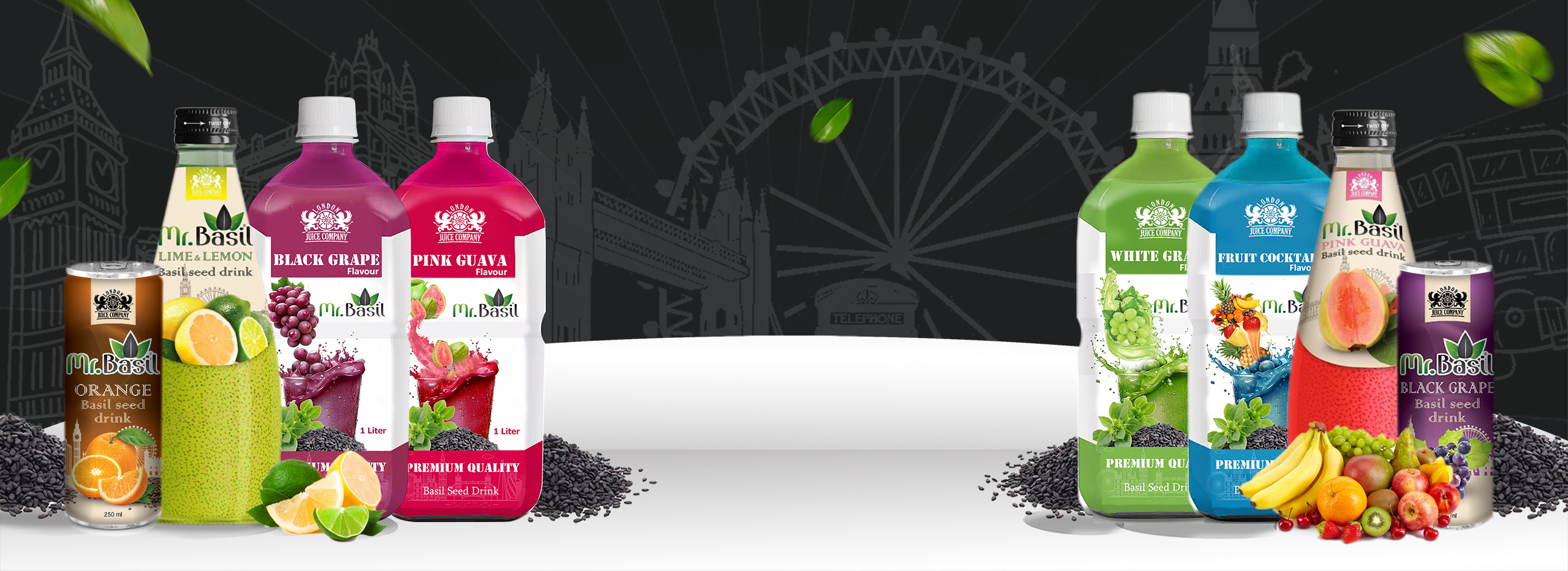 A wide banner image displaying a variety of basil seed drink bottles and cans with flavors such as Lime & Lemon, Orange, Pink Guava, Black Grape, White Grape, and Fruit Cocktail, against a backdrop featuring iconic London landmarks.