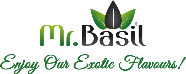 The logo of Mr. Basil, featuring stylized text and a basil leaf icon