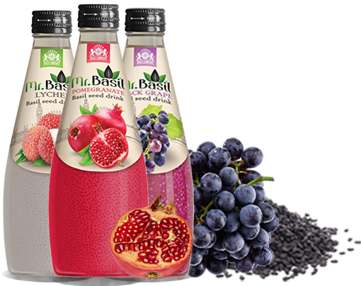 A grouping of Mr. Basil drink bottles, including Lychee, Pokmegranate, and Black Grape flavors, with a backdrop of basil seeds and fresh fruits.