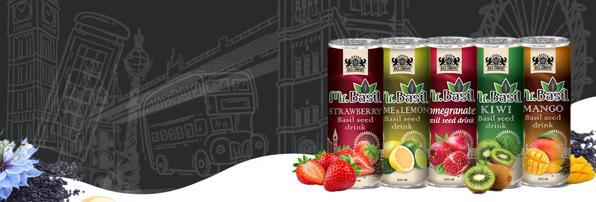 Cans of Mr. Basil basil seed drinks in a half-banner format, showcasing strawberry, lime & lemon, pomegranate, kiwi, and mango flavors, against a dark silhouette of London's iconic cityscape.