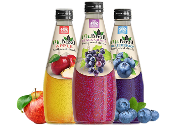 Image of three bottles of basil seed drink in Apple, Black Grape, and Blueberry flavors, accompanied by images of the corresponding fruits.