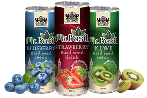 Image of three cans of basil seed drink in Blueberry, strawberry, and Kiwi flavors, alongside images of the respective fruits.